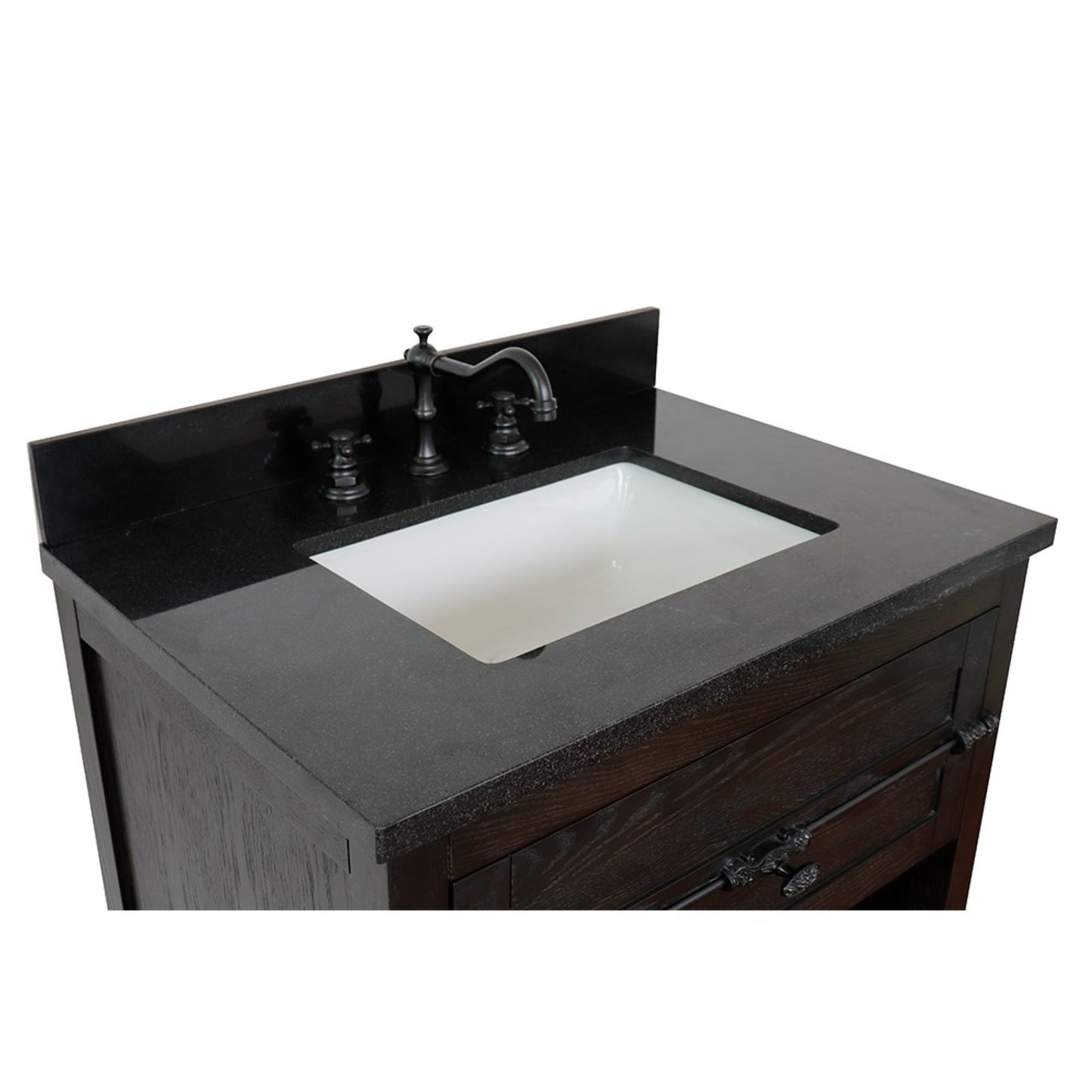 31" Single vanity in Brown Ash finish with Black Galaxy top and rectangle sink