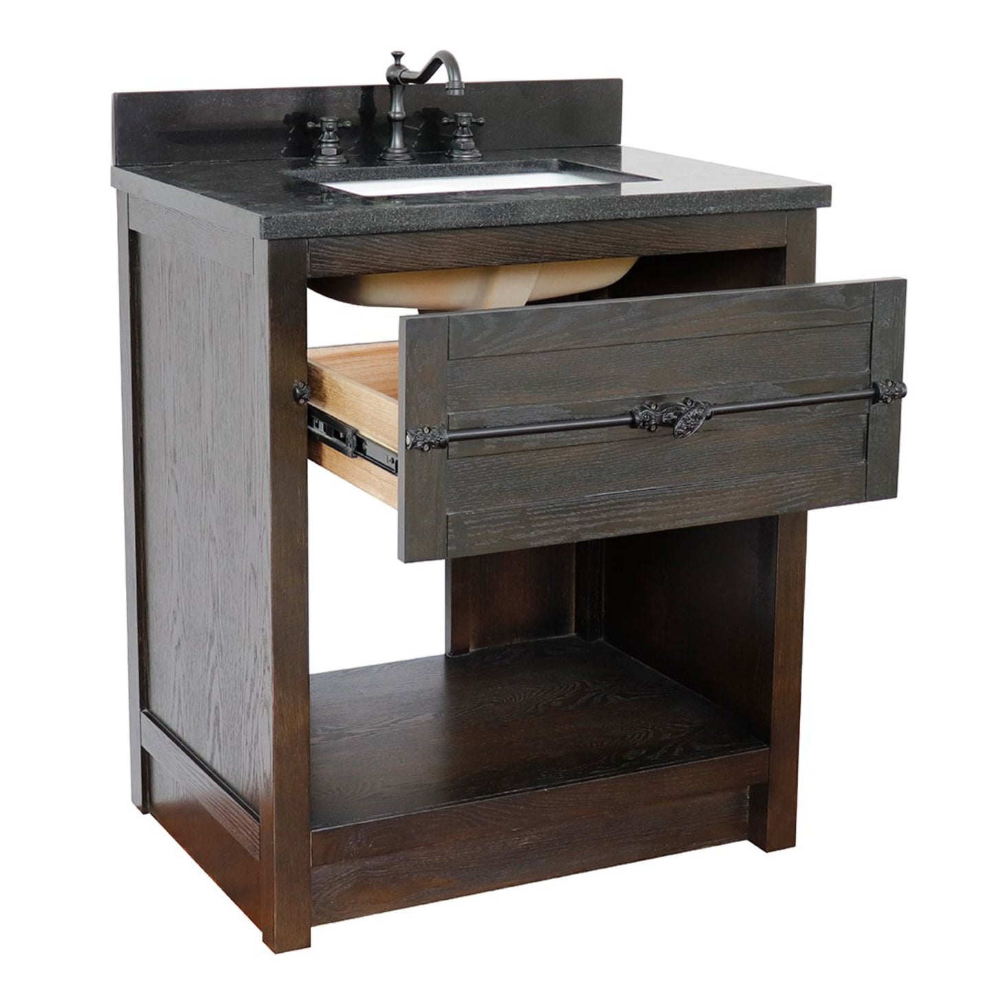 31" Single vanity in Brown Ash finish with Black Galaxy top and rectangle sink