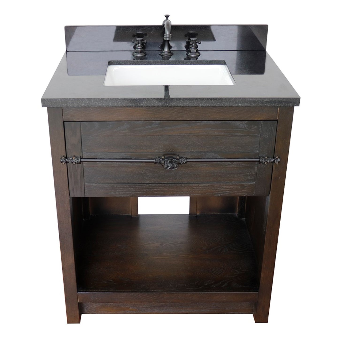 31" Single vanity in Brown Ash finish with Black Galaxy top and rectangle sink