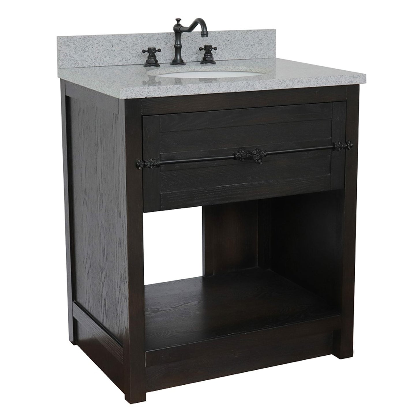 31" Single vanity in Brown Ash finish with Gray granite top and oval sink