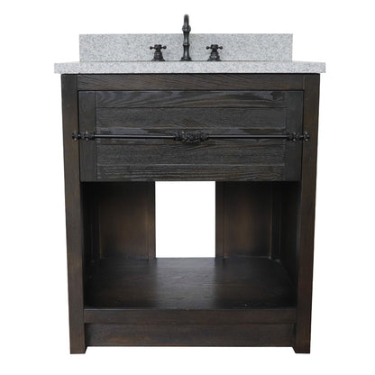 31" Single vanity in Brown Ash finish with Gray granite top and oval sink