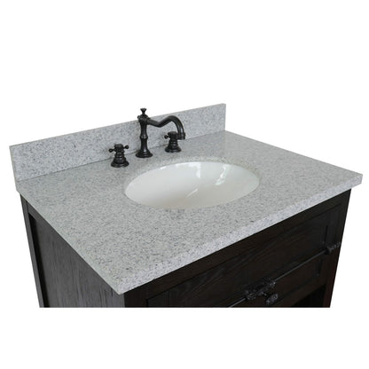 31" Single vanity in Brown Ash finish with Gray granite top and oval sink