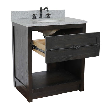 31" Single vanity in Brown Ash finish with Gray granite top and oval sink