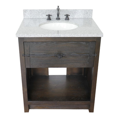 31" Single vanity in Brown Ash finish with Gray granite top and oval sink