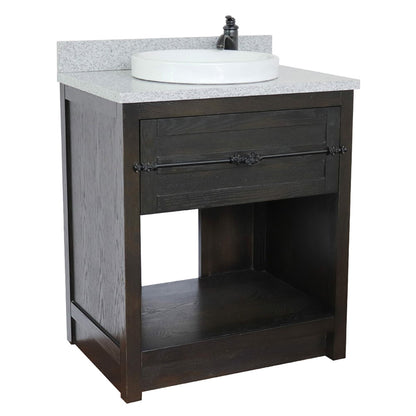 31" Single vanity in Brown Ash finish with Gray granite top and round sink