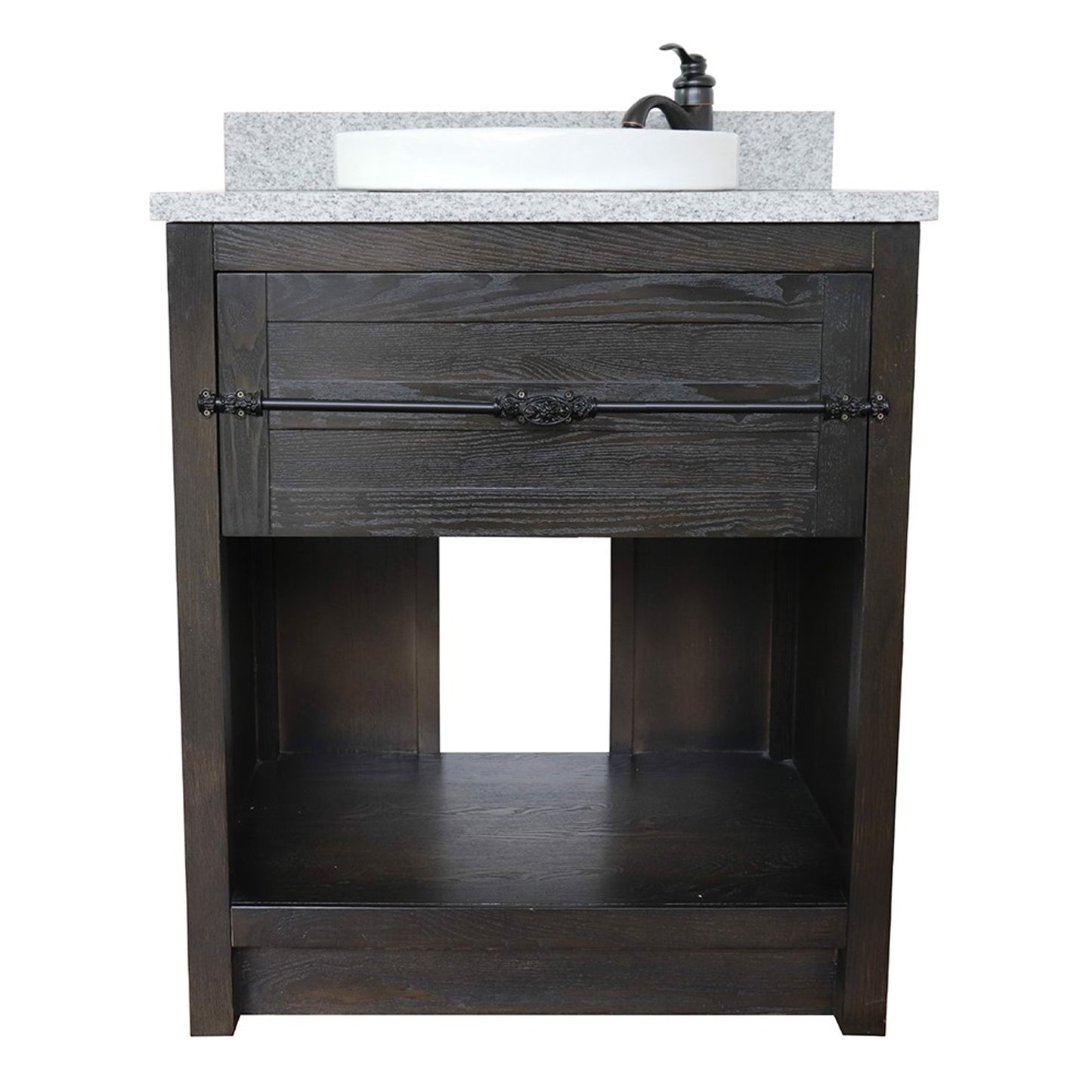 31" Single vanity in Brown Ash finish with Gray granite top and round sink