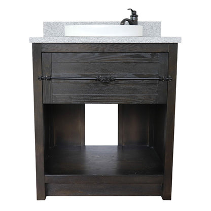 31" Single vanity in Brown Ash finish with Gray granite top and round sink