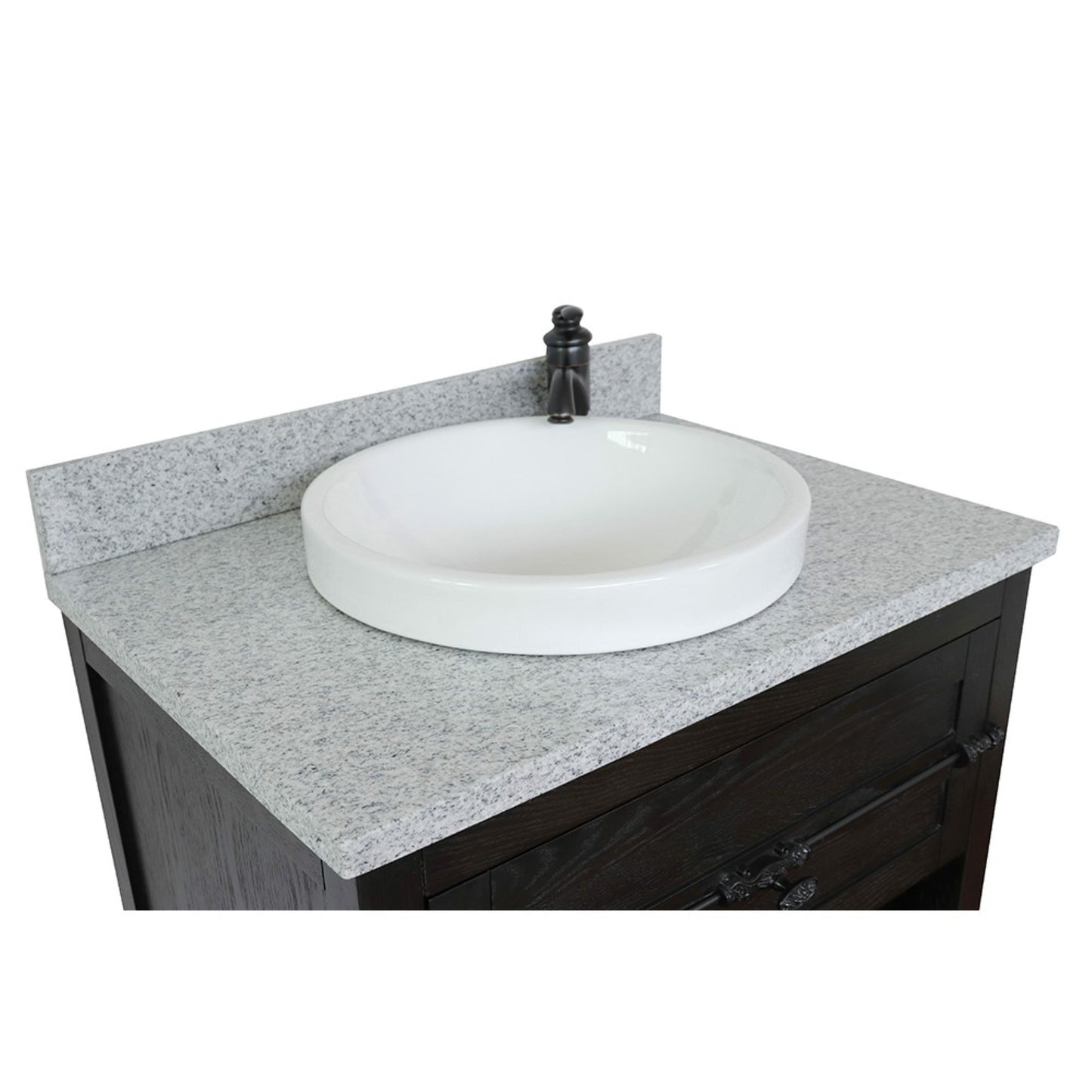 31" Single vanity in Brown Ash finish with Gray granite top and round sink