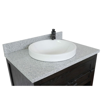 31" Single vanity in Brown Ash finish with Gray granite top and round sink