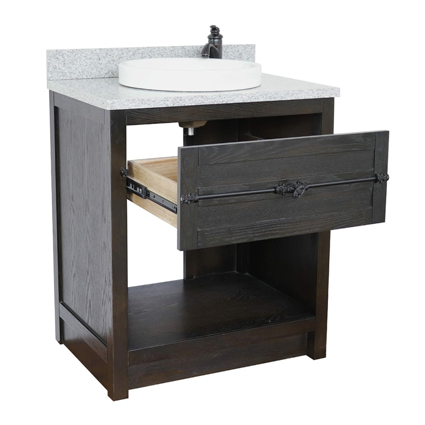 31" Single vanity in Brown Ash finish with Gray granite top and round sink