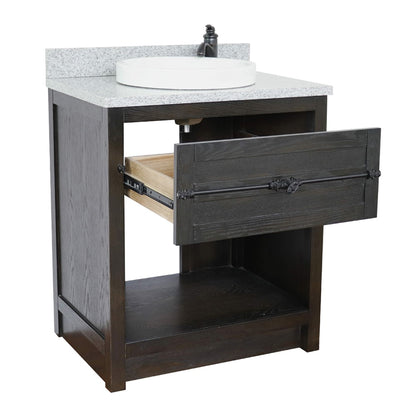 31" Single vanity in Brown Ash finish with Gray granite top and round sink