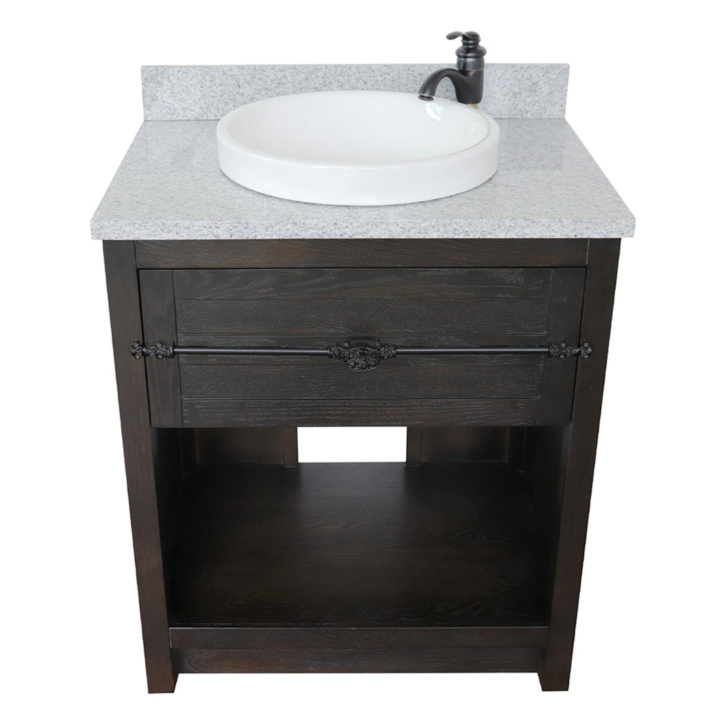 31" Single vanity in Brown Ash finish with Gray granite top and round sink