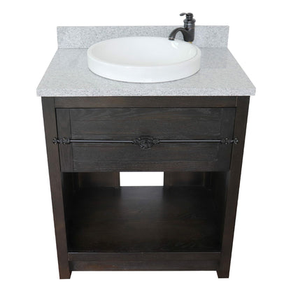31" Single vanity in Brown Ash finish with Gray granite top and round sink