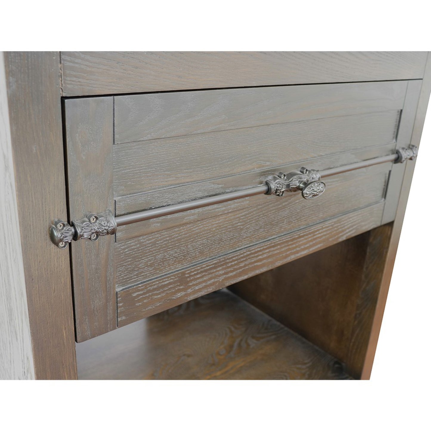 31" Single vanity in Brown Ash finish with Gray granite top and round sink