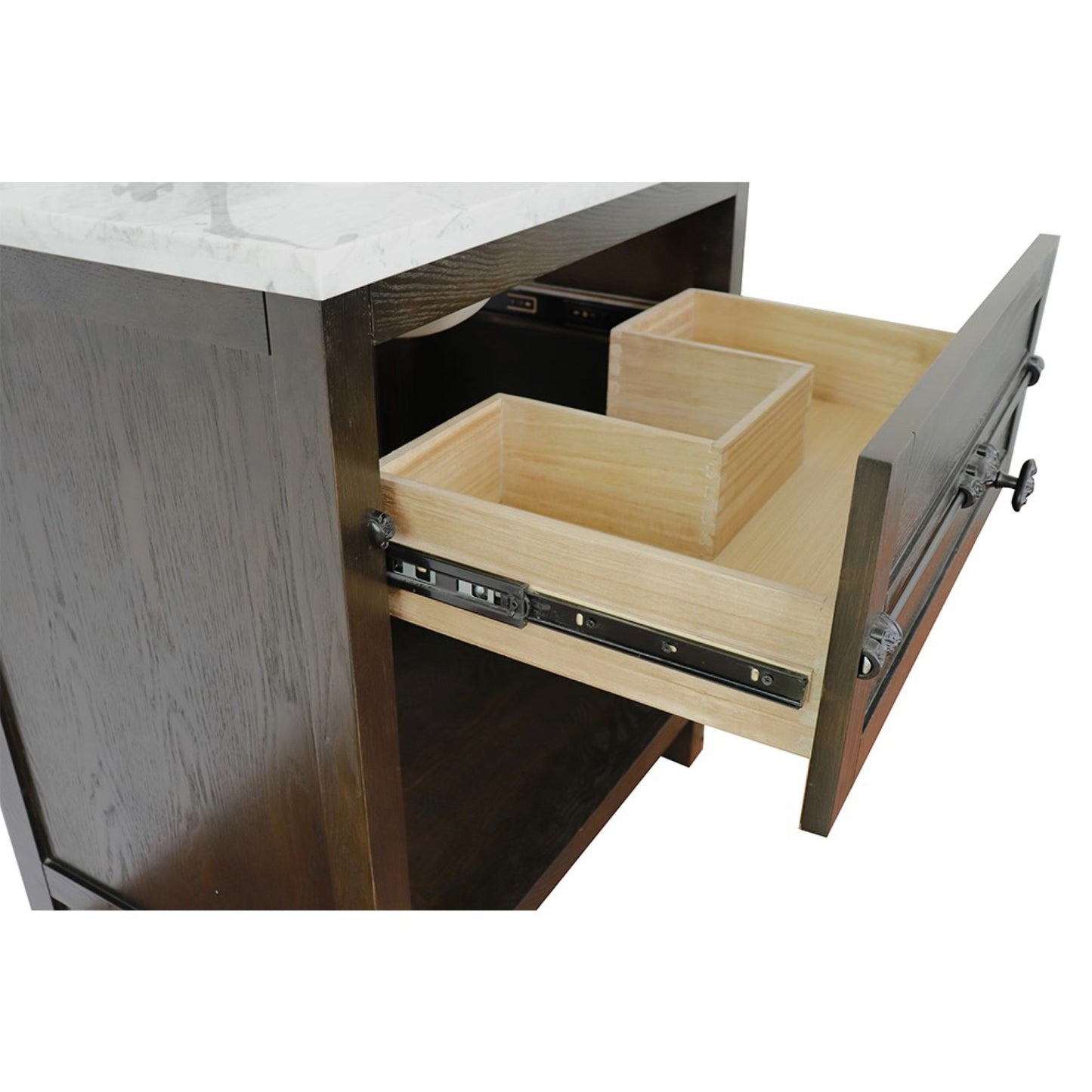 31" Single vanity in Brown Ash finish with Gray granite top and round sink