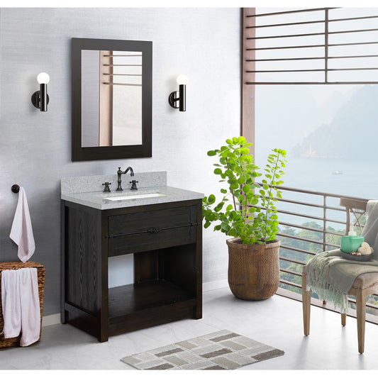 31" Single vanity in Brown Ash finish with Gray granite top and rectangle sink