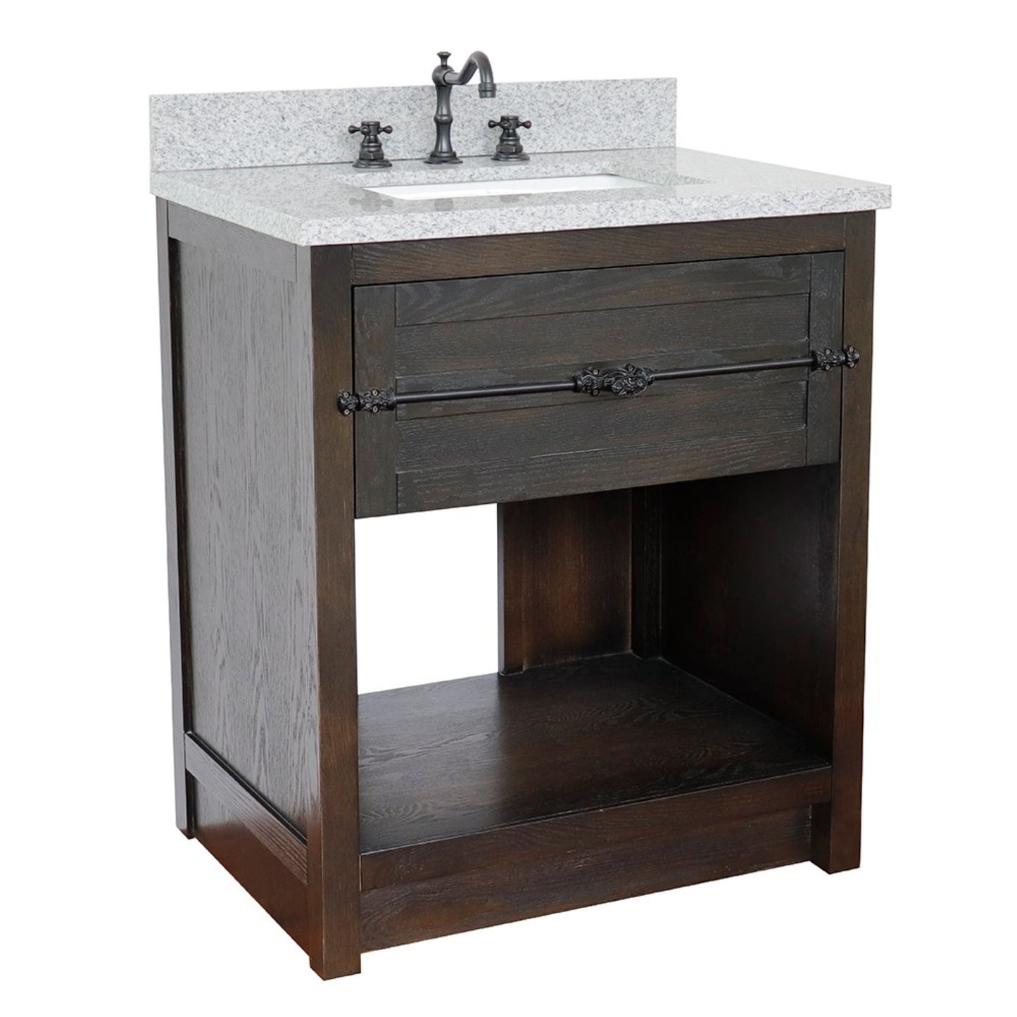 31" Single vanity in Brown Ash finish with Gray granite top and rectangle sink