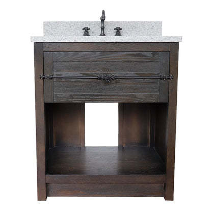 31" Single vanity in Brown Ash finish with Gray granite top and rectangle sink