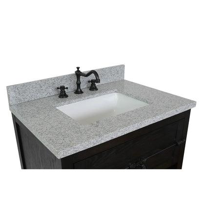 31" Single vanity in Brown Ash finish with Gray granite top and rectangle sink