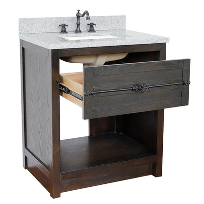 31" Single vanity in Brown Ash finish with Gray granite top and rectangle sink