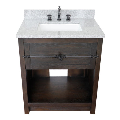31" Single vanity in Brown Ash finish with Gray granite top and rectangle sink