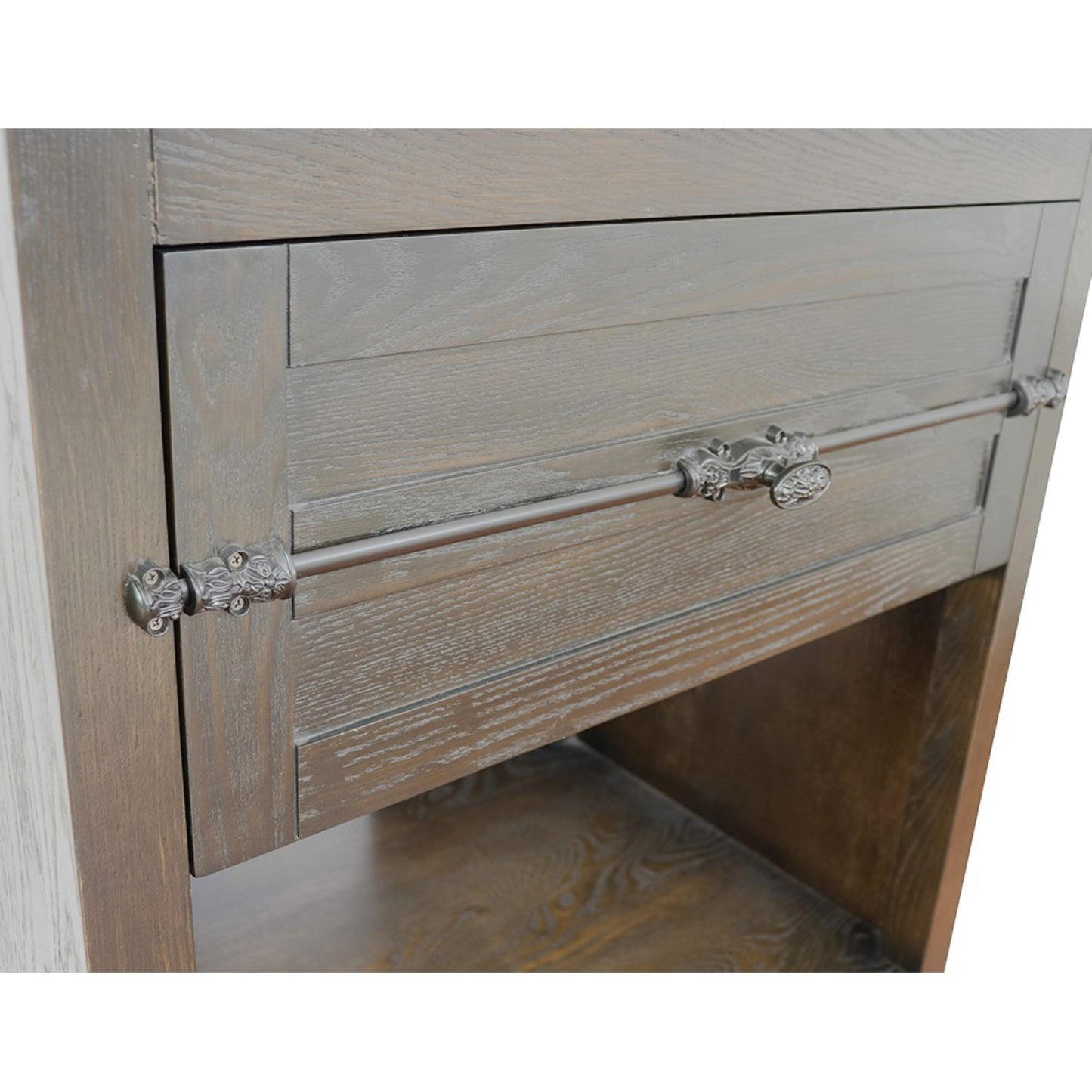 31" Single vanity in Brown Ash finish with Gray granite top and rectangle sink