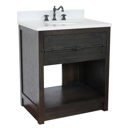 31" Single vanity in Brown Ash finish with White engineered stone top and oval sink