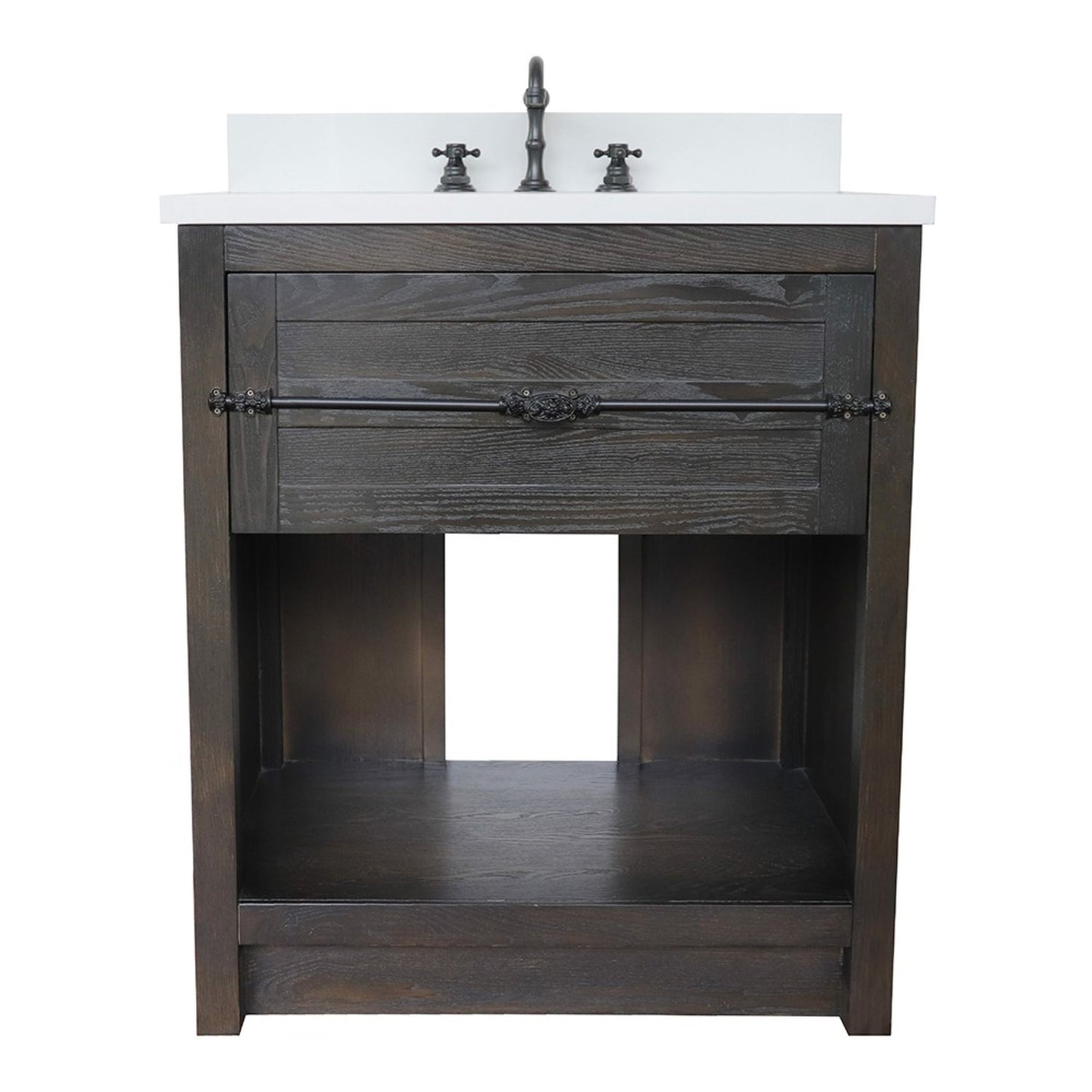31" Single vanity in Brown Ash finish with White engineered stone top and oval sink