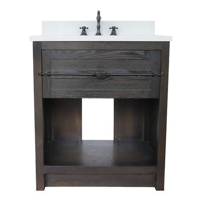 31" Single vanity in Brown Ash finish with White engineered stone top and oval sink