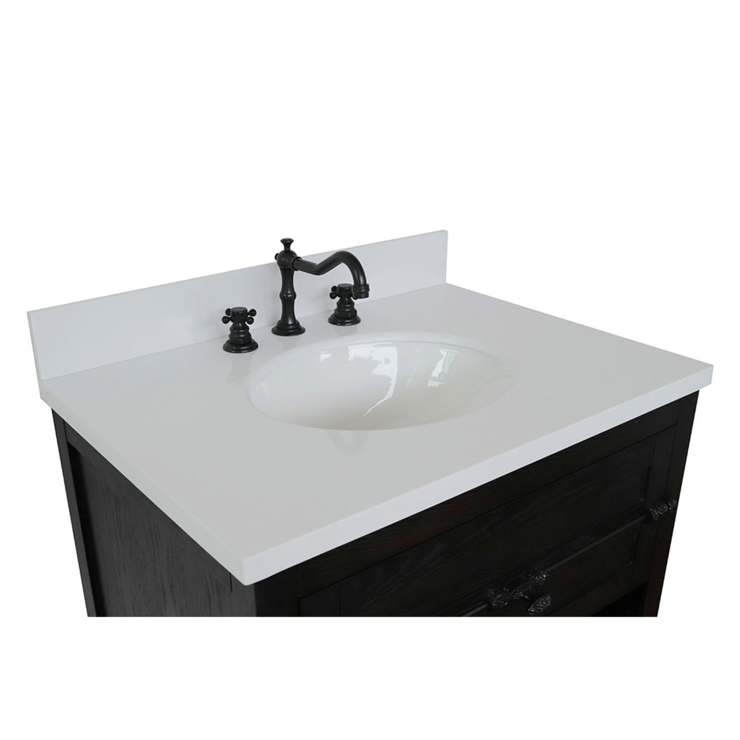31" Single vanity in Brown Ash finish with White engineered stone top and oval sink