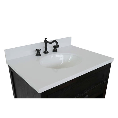 31" Single vanity in Brown Ash finish with White engineered stone top and oval sink