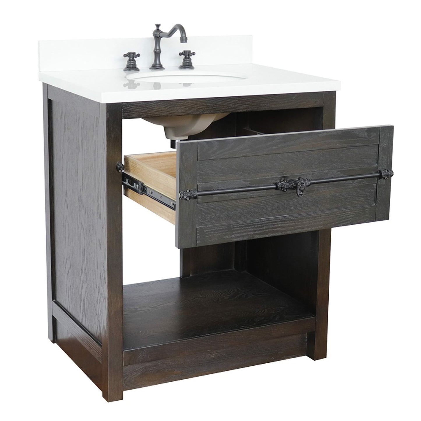31" Single vanity in Brown Ash finish with White engineered stone top and oval sink