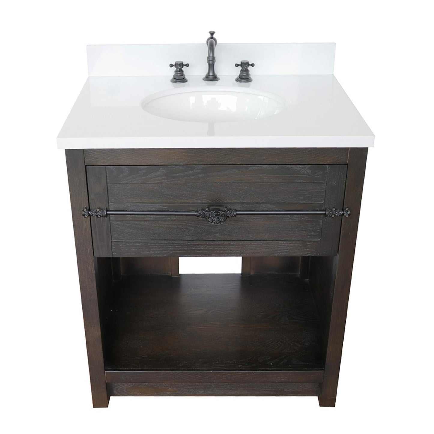 31" Single vanity in Brown Ash finish with White engineered stone top and oval sink