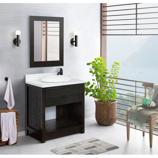 31" Single vanity in Brown Ash finish with White engineered stone top and round sink