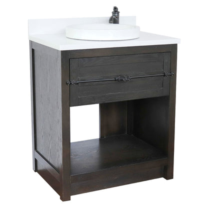 31" Single vanity in Brown Ash finish with White engineered stone top and round sink
