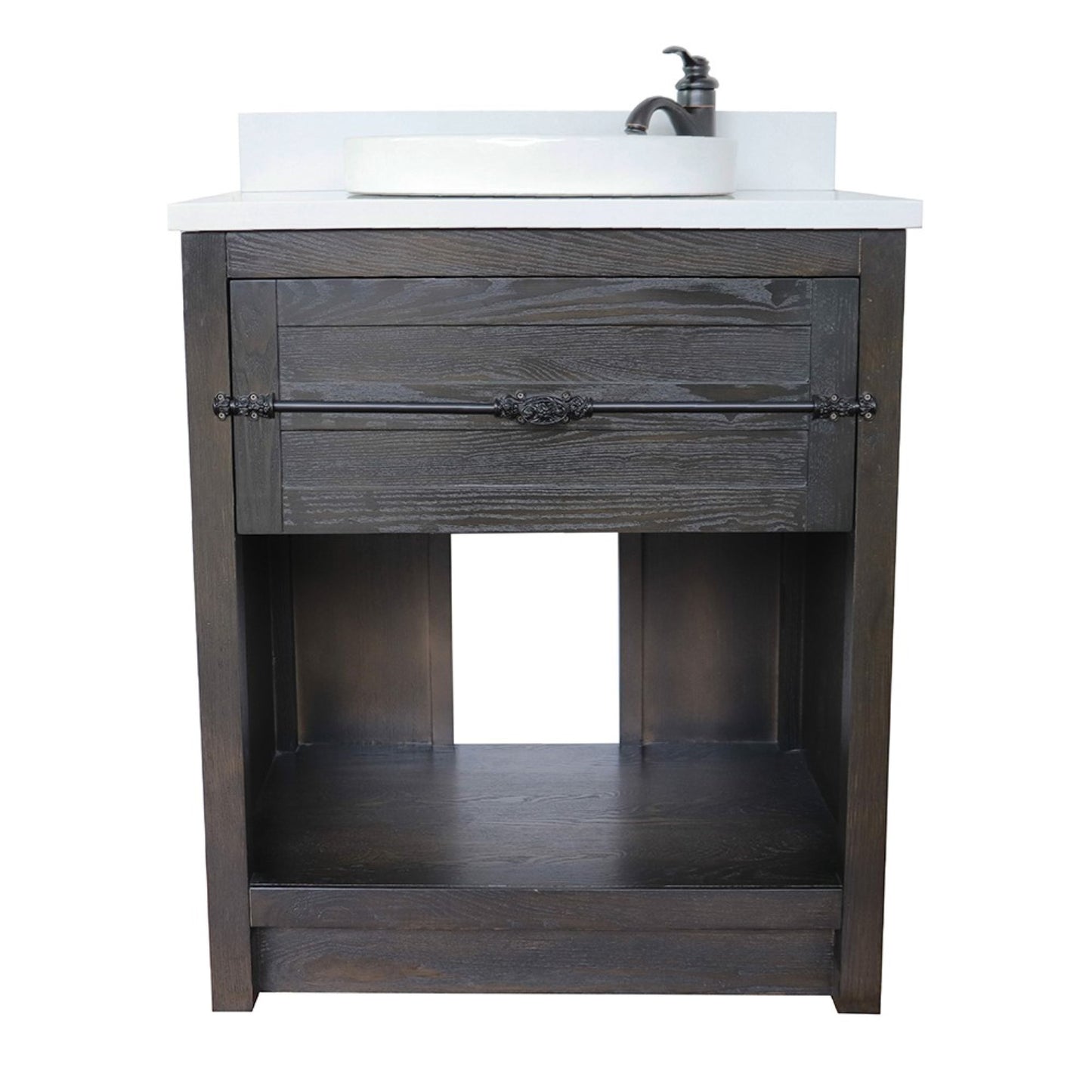 31" Single vanity in Brown Ash finish with White engineered stone top and round sink