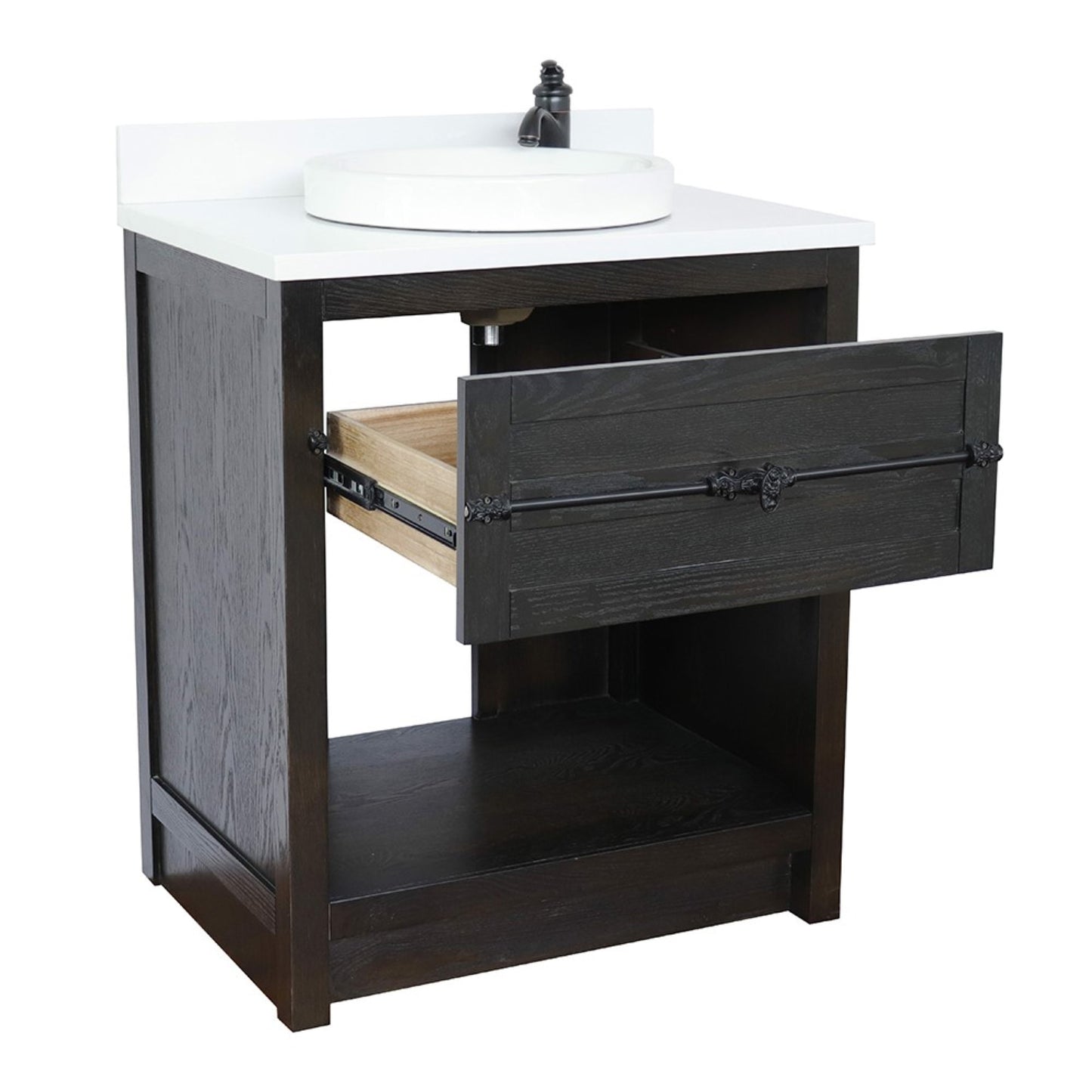 31" Single vanity in Brown Ash finish with White engineered stone top and round sink