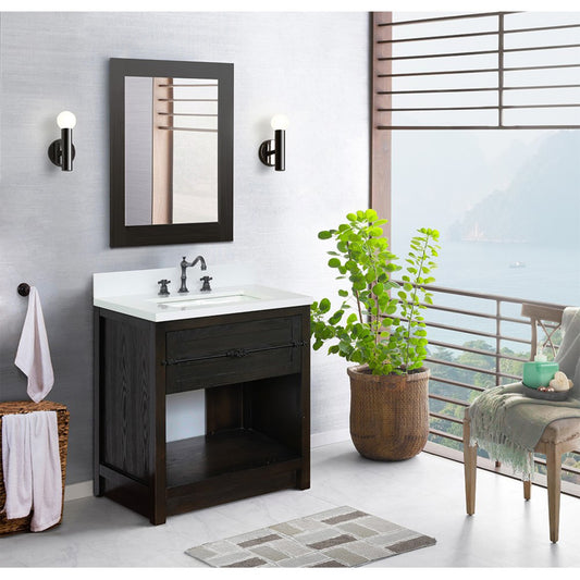 31" Single vanity in Brown Ash finish with White engineered stone top and rectangle sink