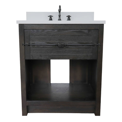 31" Single vanity in Brown Ash finish with White engineered stone top and rectangle sink