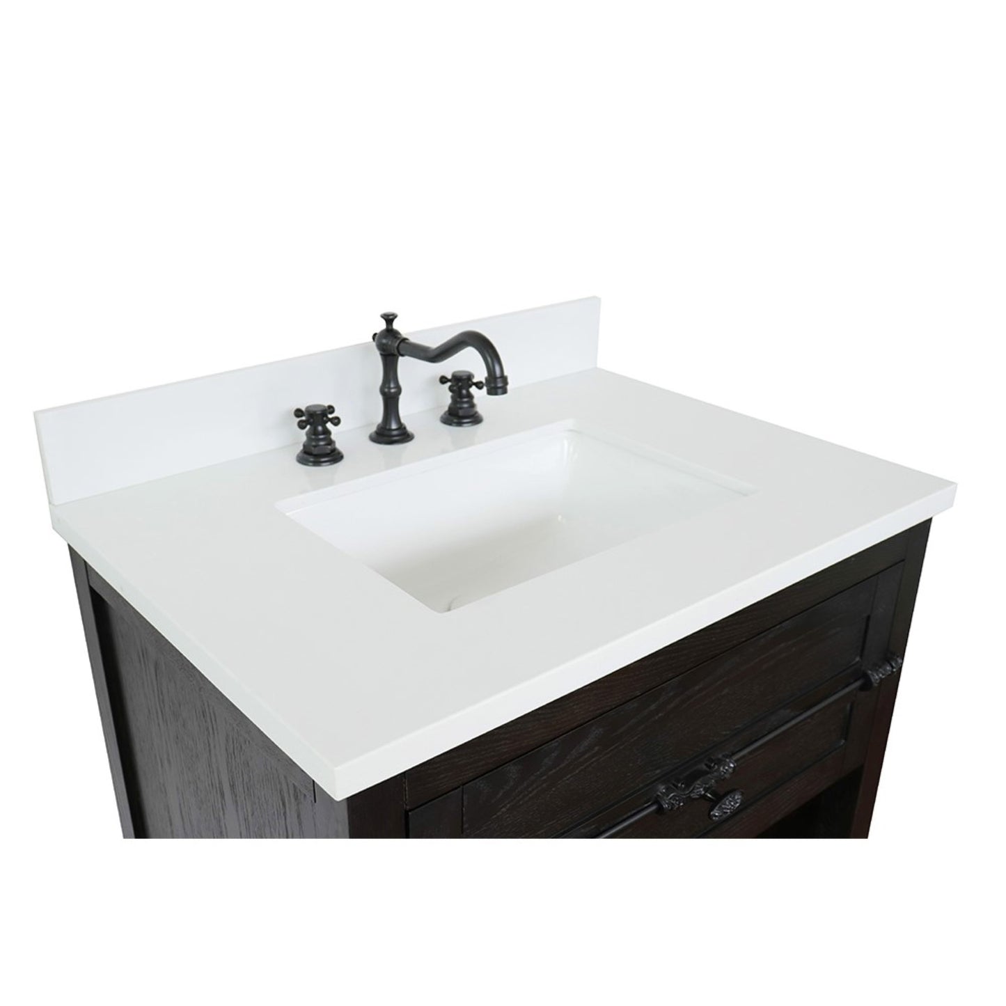 31" Single vanity in Brown Ash finish with White engineered stone top and rectangle sink