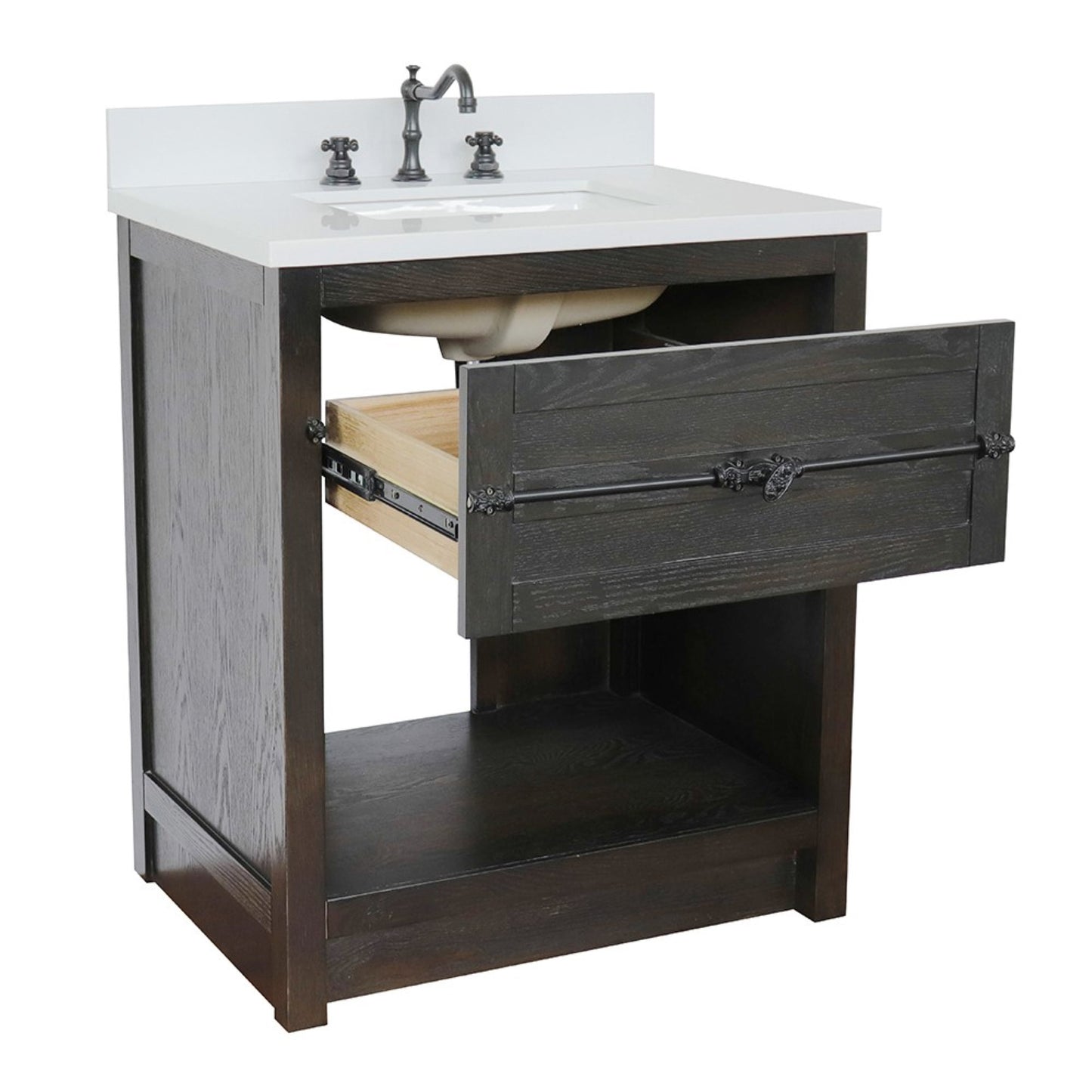 31" Single vanity in Brown Ash finish with White engineered stone top and rectangle sink