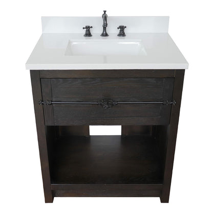 31" Single vanity in Brown Ash finish with White engineered stone top and rectangle sink