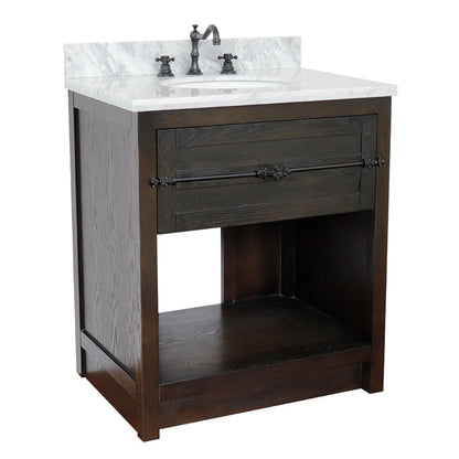 31" Single vanity in Brown Ash finish with White Carrara top and oval sink