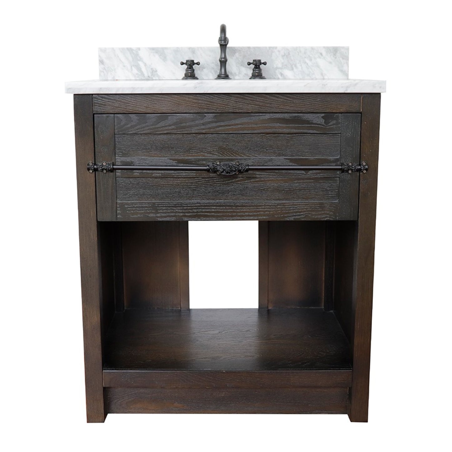 31" Single vanity in Brown Ash finish with White Carrara top and oval sink