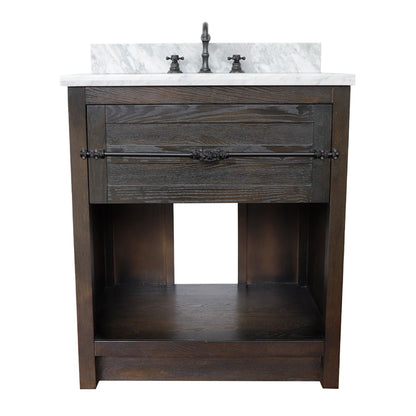 31" Single vanity in Brown Ash finish with White Carrara top and oval sink