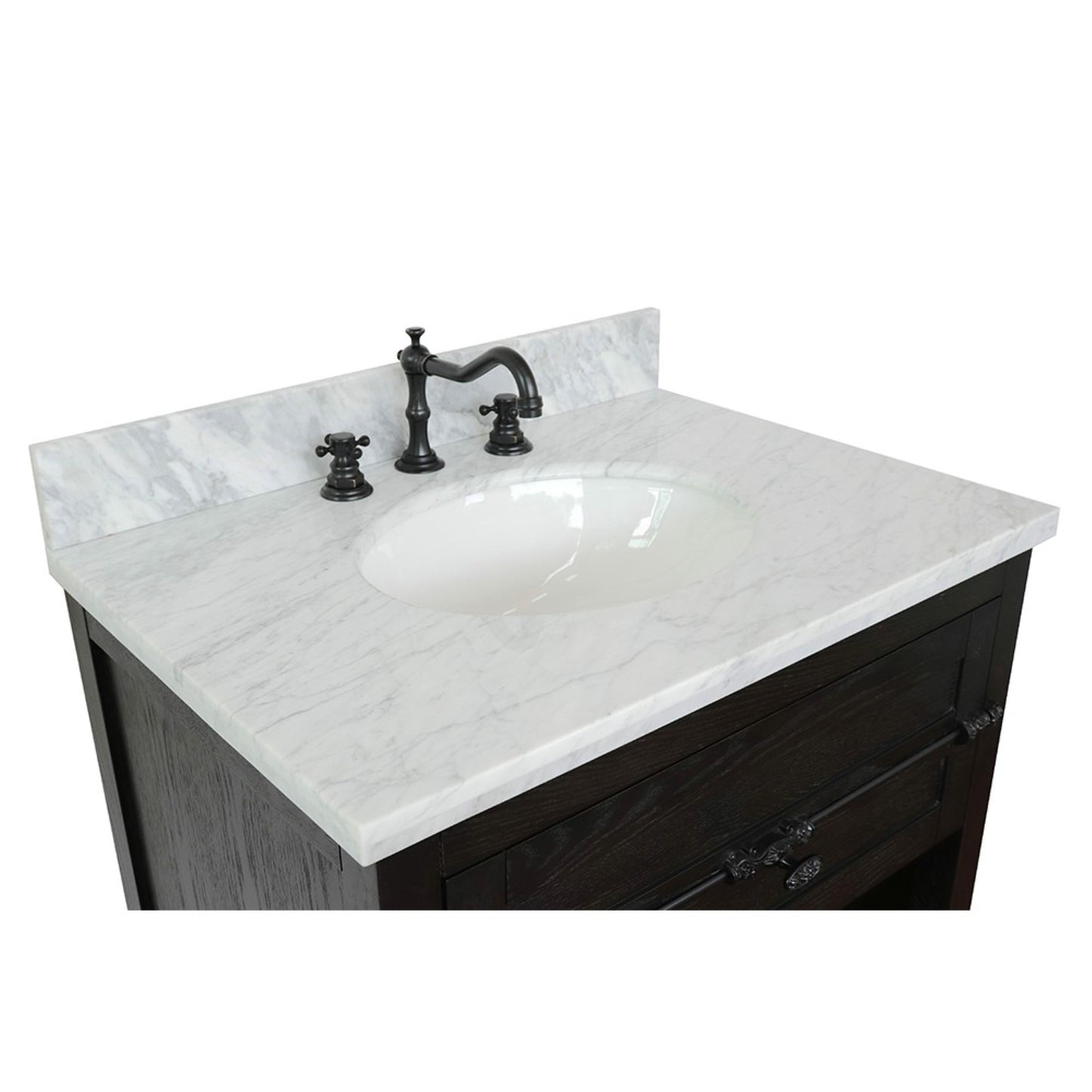 31" Single vanity in Brown Ash finish with White Carrara top and oval sink