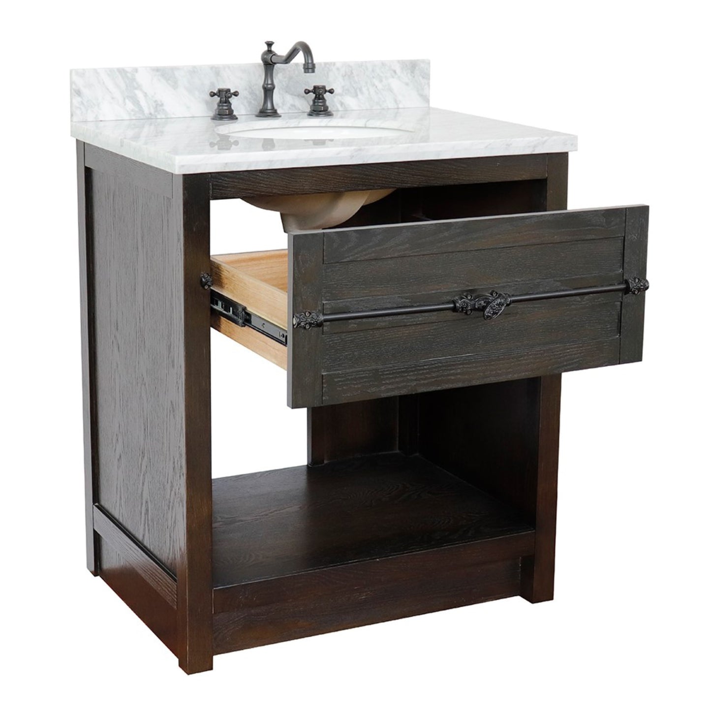 31" Single vanity in Brown Ash finish with White Carrara top and oval sink