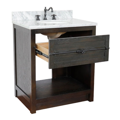 31" Single vanity in Brown Ash finish with White Carrara top and oval sink