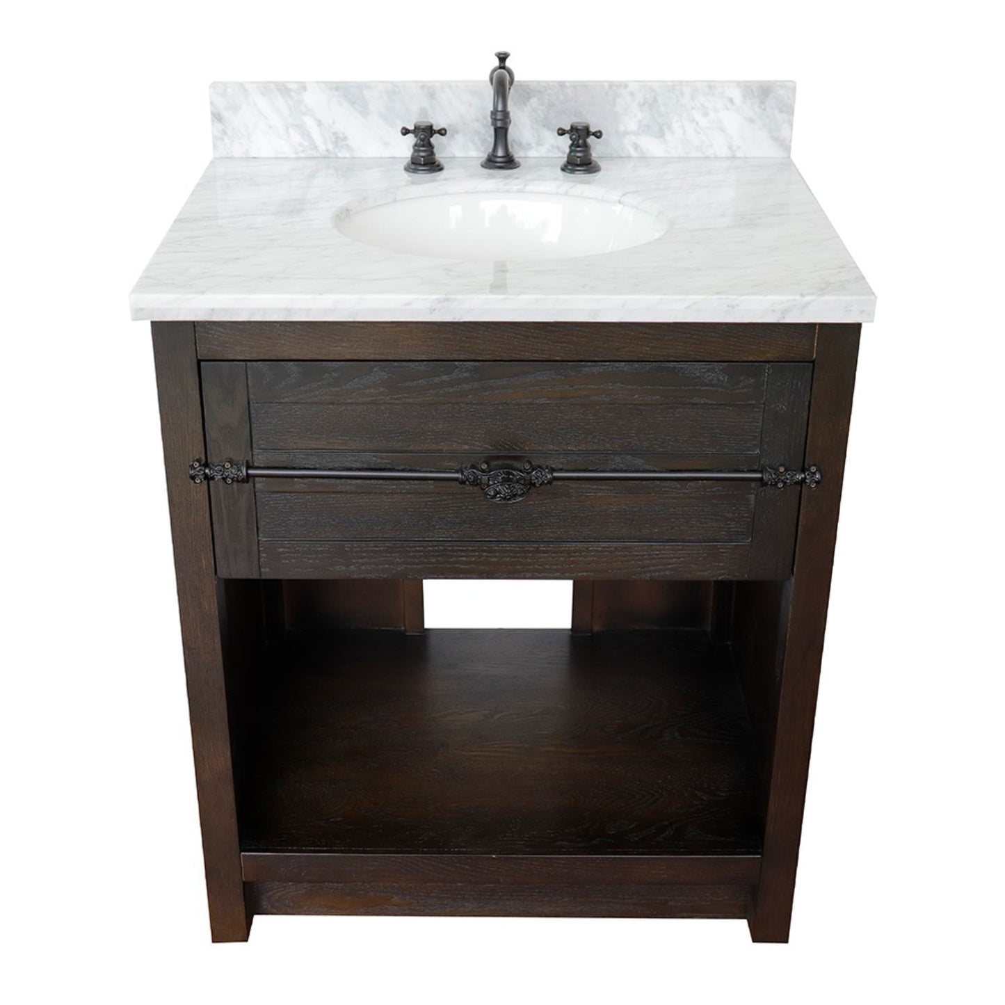 31" Single vanity in Brown Ash finish with White Carrara top and oval sink
