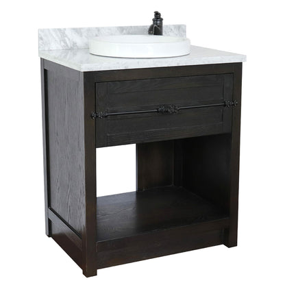 31" Single vanity in Brown Ash finish with White Carrara top and round sink